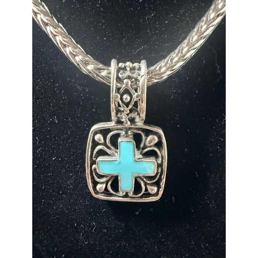 Vintage Sterling Silver Openwork Turquoise Cross Pendant & Magnetic Wheat Chain
